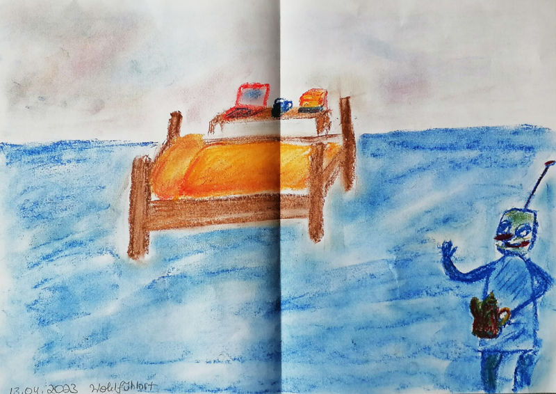 Pastellkreide auf Papier, Bett im Mittelpunkt, daneben eine Art Tisch mit Laptop, Bücherstapel und Tasse. Ein freundlich
                 winkender Roboter bringt eine Kanne.