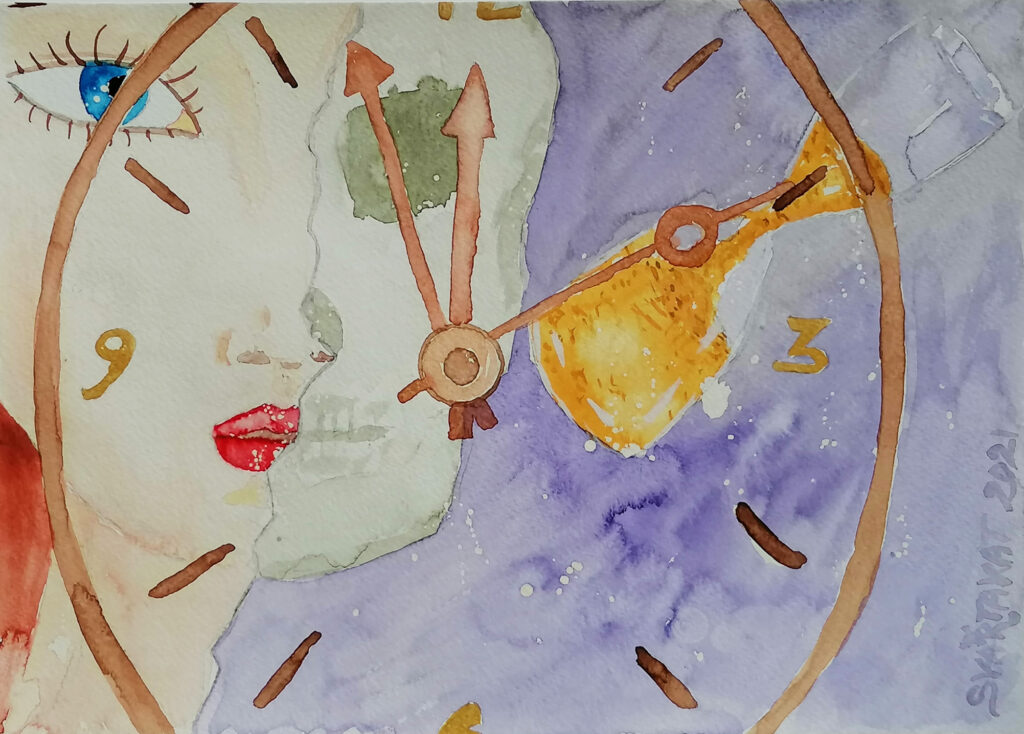 Aquarellfarbe auf Papier, links ein angedeutetes Gesicht, wie zerrissen in der Mitte, ergänzt dann durch einen Totenschädel, rechts eine
                Sanduhr, darüber im Vordergrund ein durchsichtiges Ziffernblatt einer Uhr mit der Anzeige 3 vor 12.