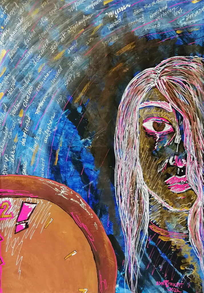 Acrylfarbe und Marker auf Papier und Zeitungspapier, links unten eine angeschnittene Uhr, rechts ein Frauengesicht, angeschnitten,
                im Hintergrund Worte wie kaputt, clueless, vorbei, aufgeben usw.