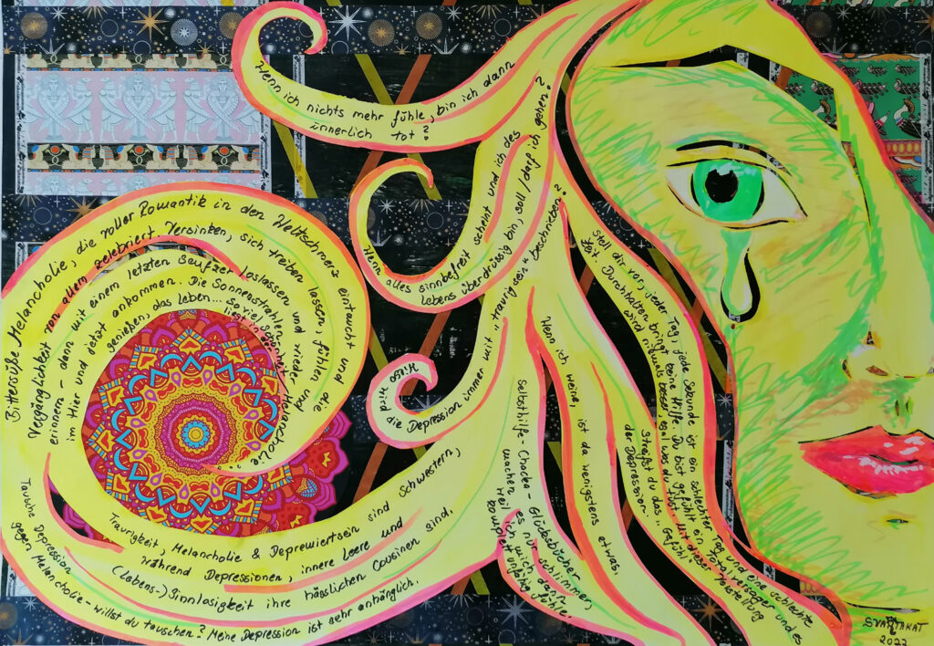 Collage und Acrylmarker mit angeschnittenem weinenden Frauengesicht und langen Haaren, die in Spiralen in den Rest des Bildes reichen,
                dazwischen Fragen und Gedanken wie z. B. Wenn ich nichts mehr fühle, bin ich dann innerlich tot?