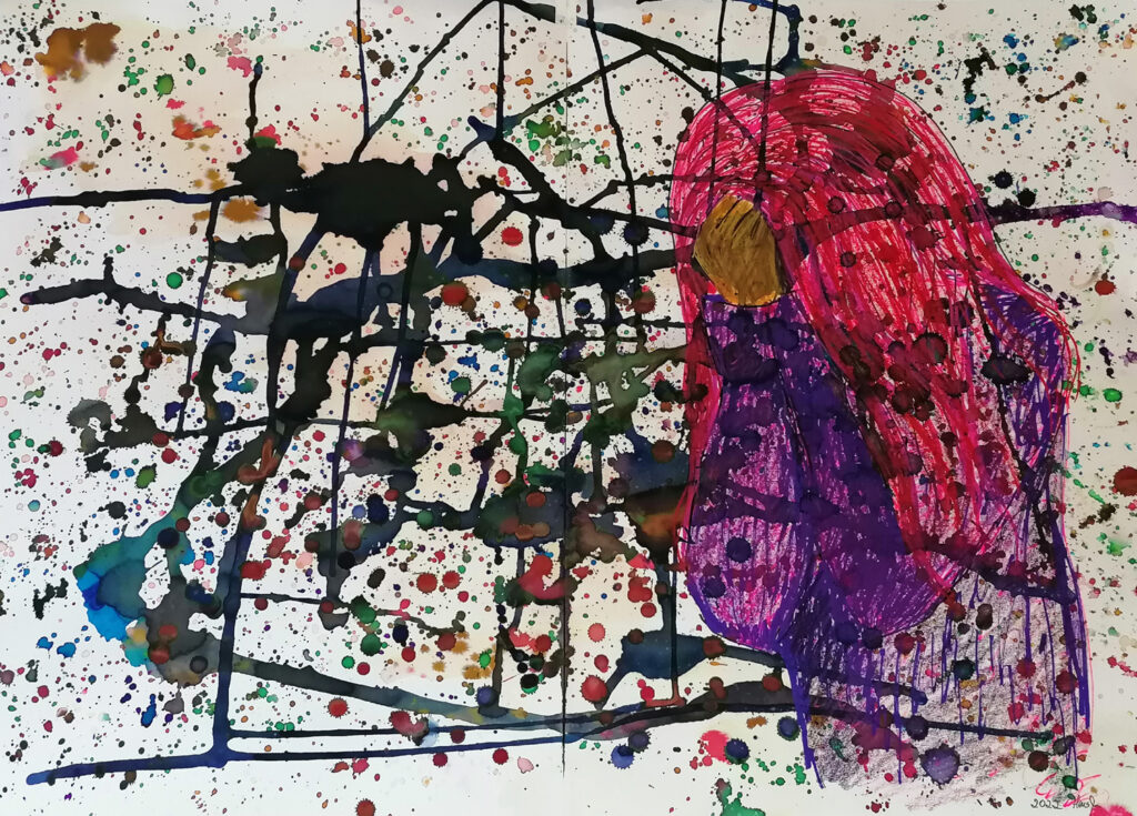 Zerlaufene und gespritzte Tinte auf dickeres Papier, darüber mit Wachskreide und Acrylmarker eine Frau. Sie verdeckt ihr
                Gesicht mit beiden Händen und wirkt niedergeschlagen.