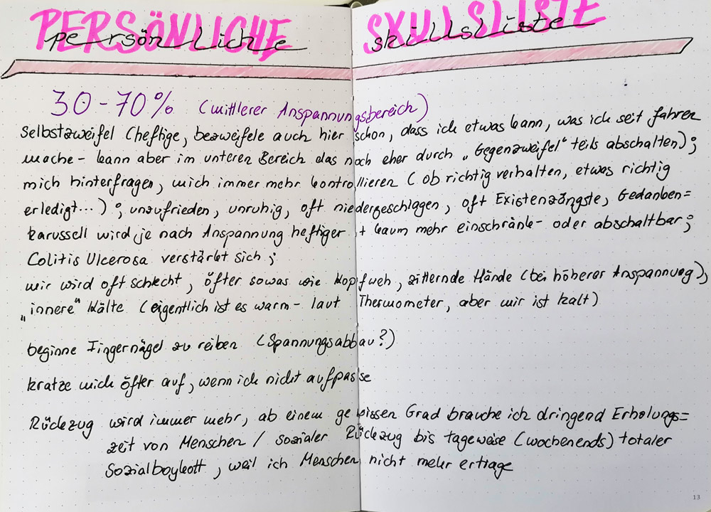Therapiebuch-Seite, mittlerer Anspannungsbereich, Notizen wie heftige Selbstzweifel, Existenzängste beginnen