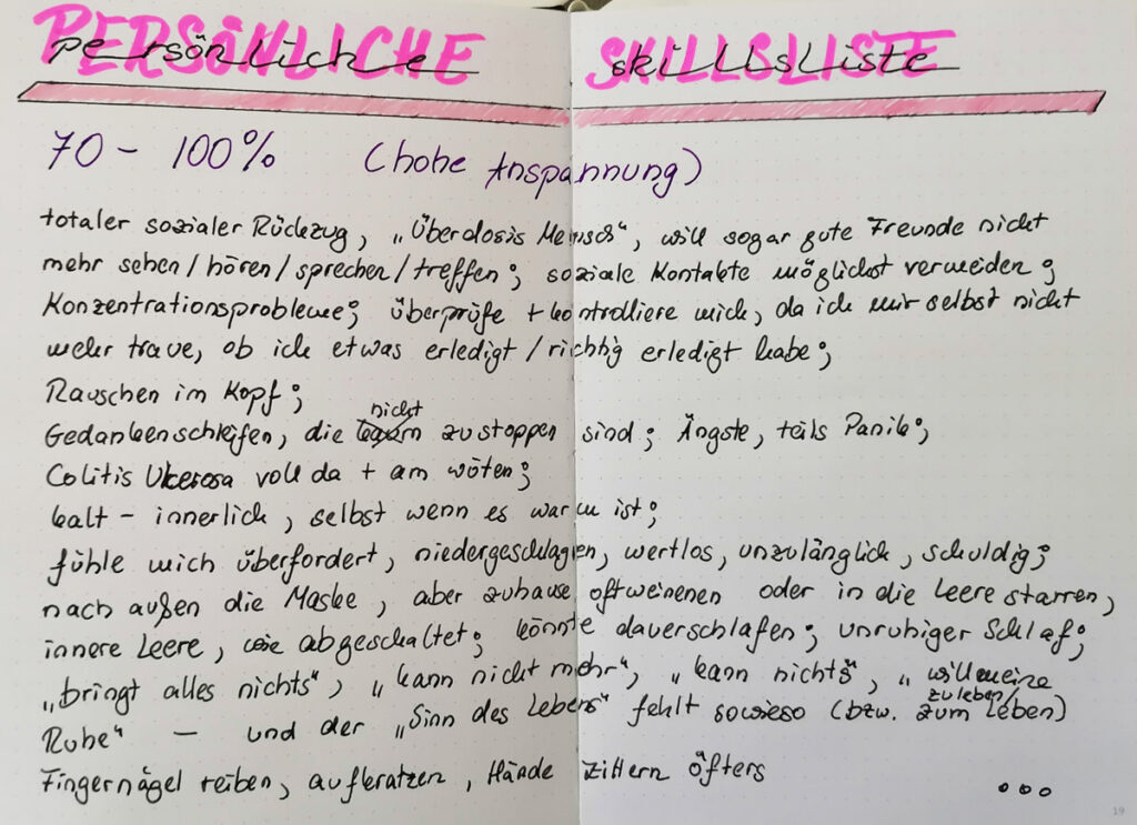 Therapiebuch-Seite, Hochspannung, Beschreibung wie totaler Rückzug, Kälte, die von innen kommt usw.