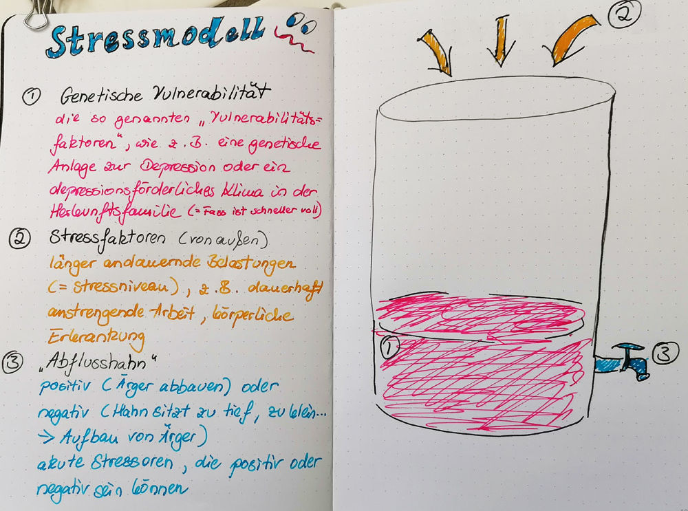 Therapiebuch-Seite mit Stressmodell