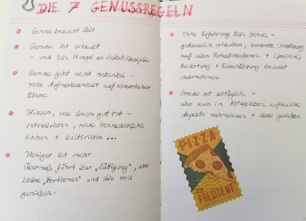 Therapiebuch-Seite mit Aufzählung der Genussregeln. Die erste lautet: Genuss braucht Zeit.
